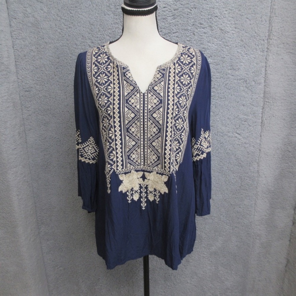Andree by UNIT Peasant Top Women M Navy Blue Embroidered Boho Cottagecore Folk